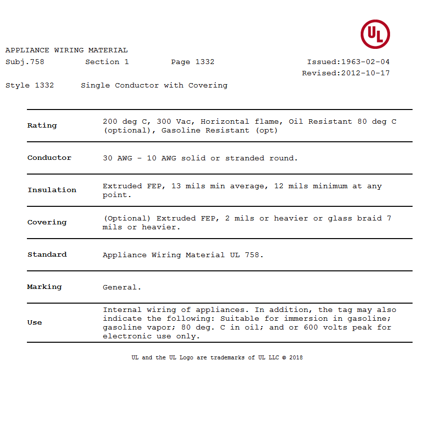 美國UL 1332 鐵(tiě)氟龍電線(xiàn)認證報告