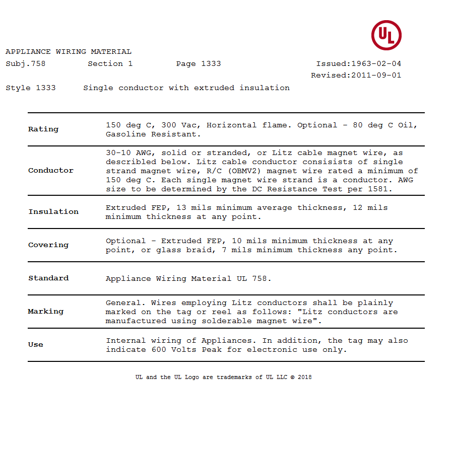 美國UL 1333 鐵氟龍電線認證(zhèng)報告