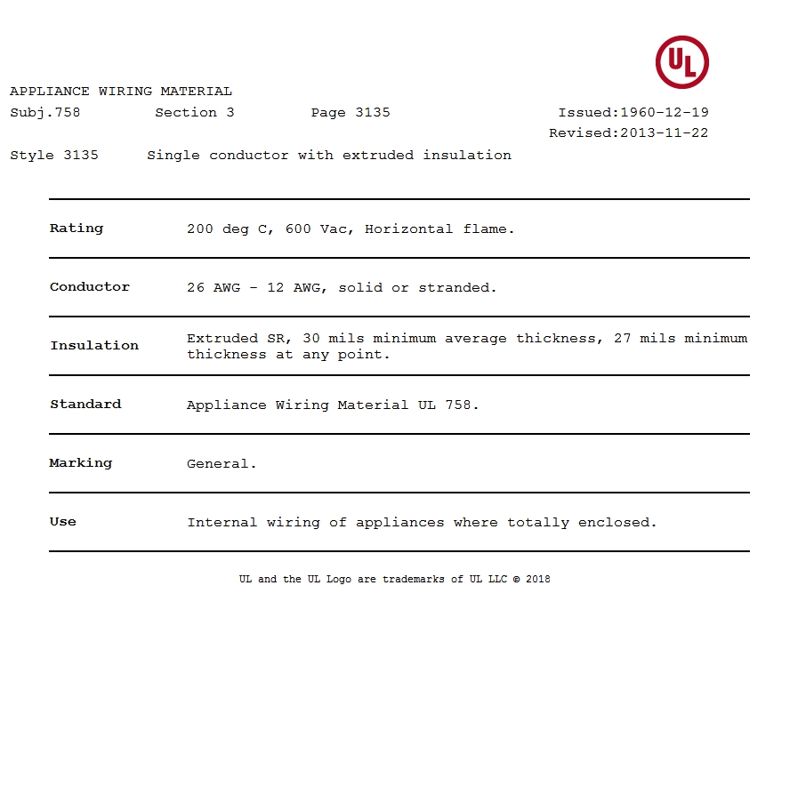 美國UL 3135 矽膠電（diàn）線認證報告 
