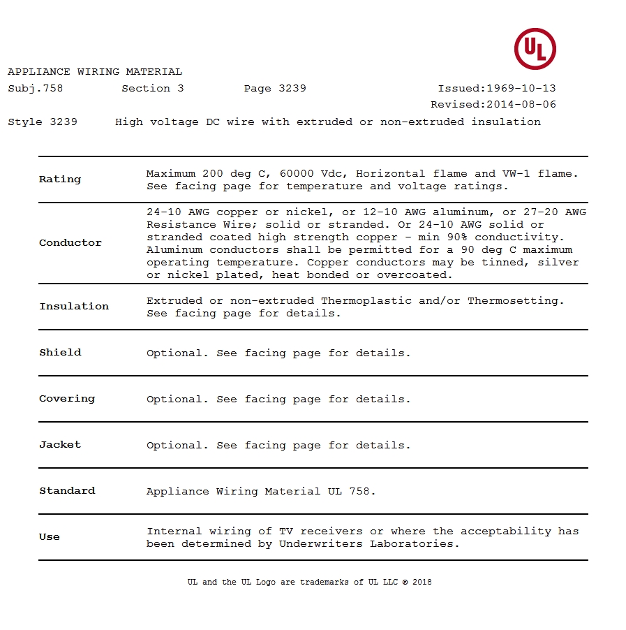 美國UL 3239 高壓矽(guī)膠電線認證報告