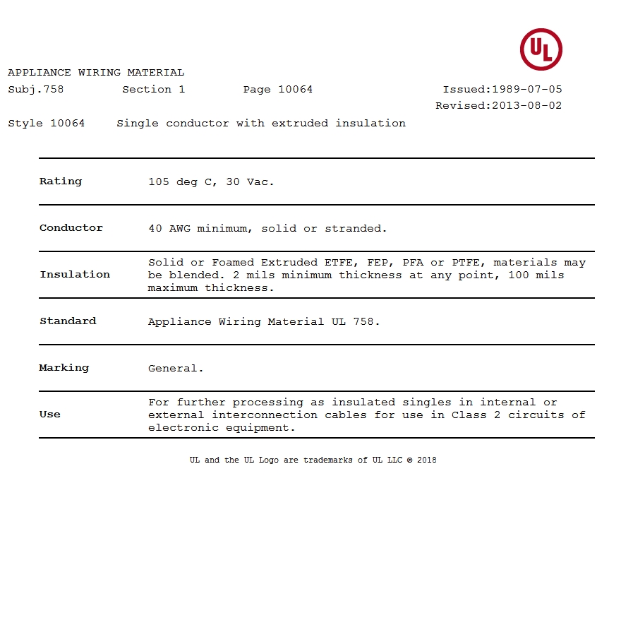 美國UL 10064 鐵(tiě)氟龍電線認證報告